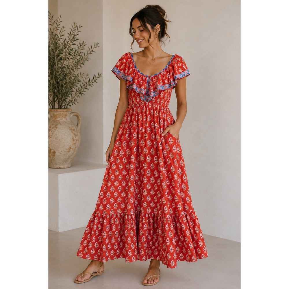 J.Crew Red Floral Tiered Maxi Dress Ruffle V-Neck Boho Cottagecore Womens 8